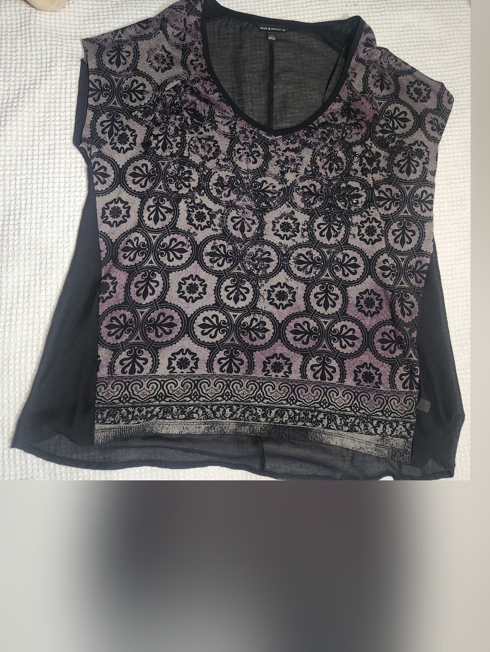 Rock & Republic Black and Mauve Patterned Sleeveless Blouse Sheer Back Size XL